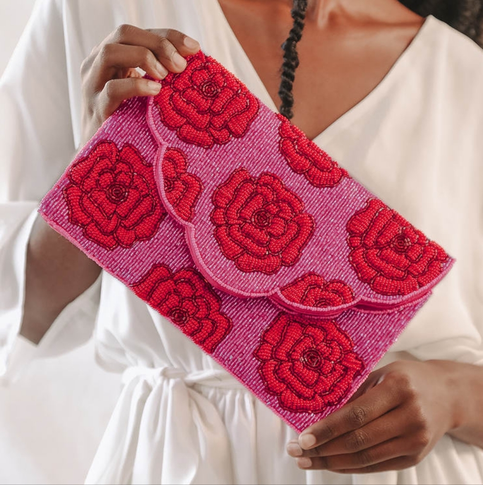 Lulu's Hand-Picked Dark Pink and Red Beaded Clutch NWOT